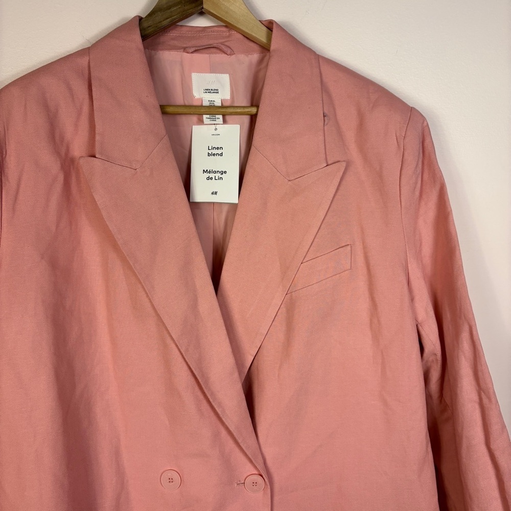 H&M Pink Linen Blend Double-Breasted Blazer Classic Office Minimalist - Picture 2 of 9